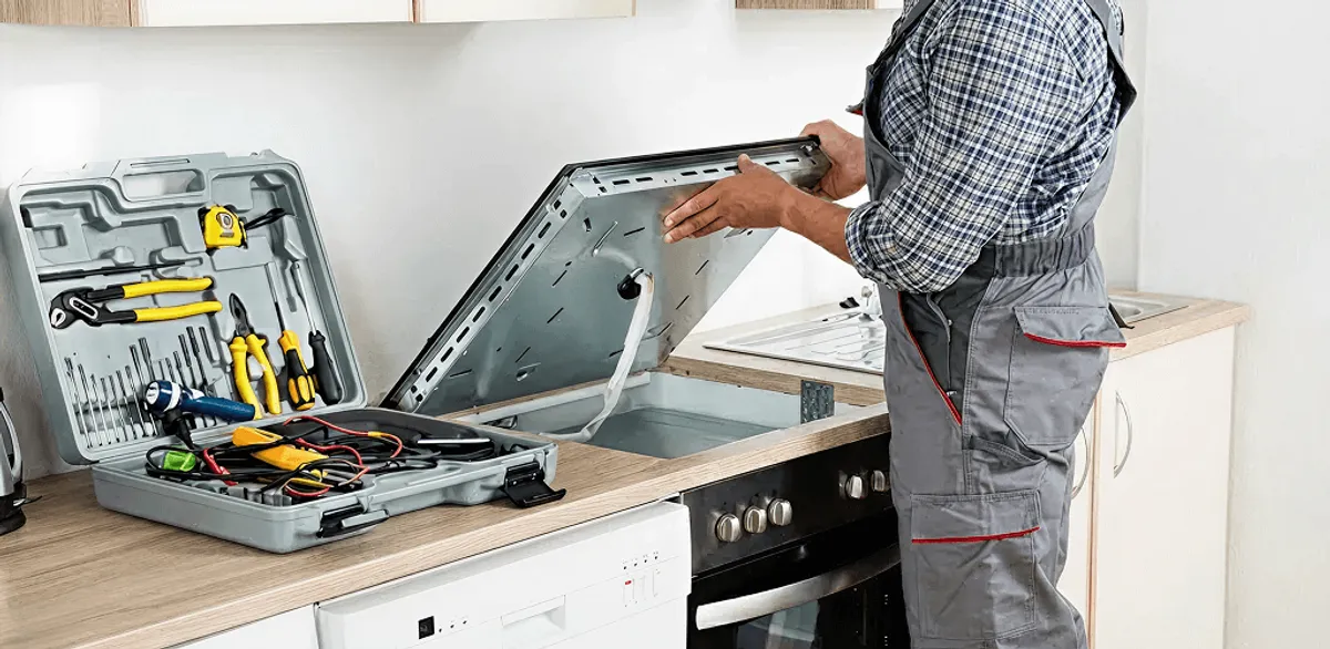Handyman repairing a cooktop and checking wiring connections in Lakeland, FL